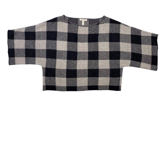 Eileen Fisher Buffalo Check Sweater Size XXS Crop Plaid Linen‎ Black & Beige - Picture 1 of 8